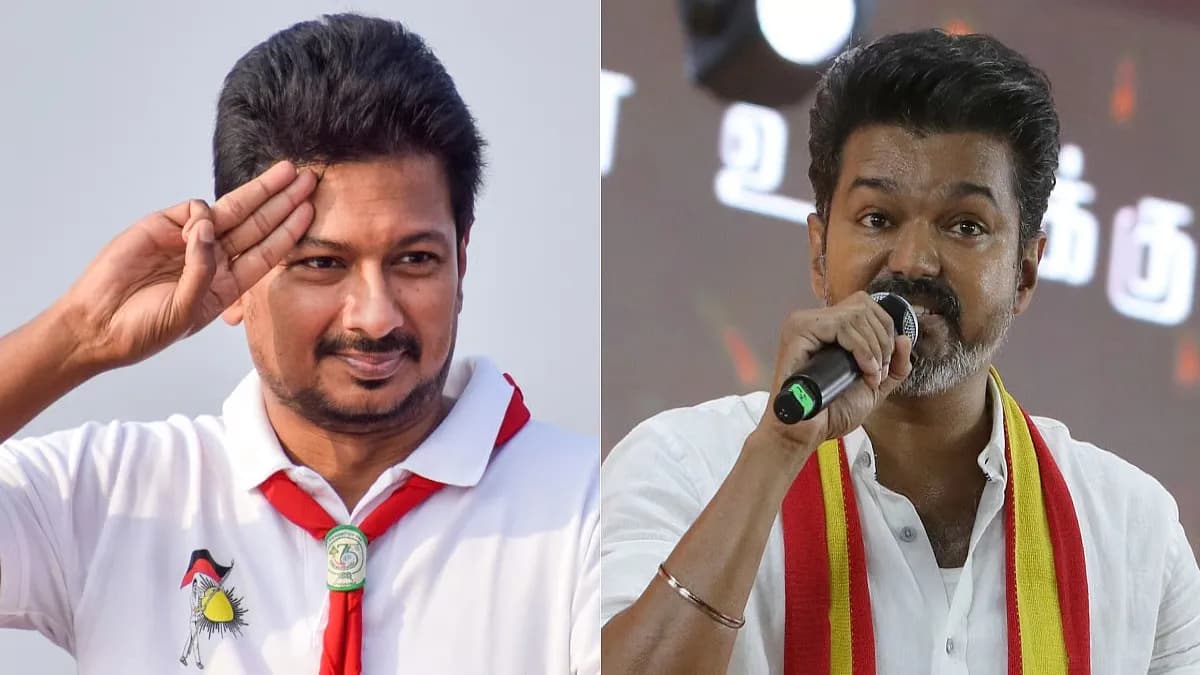 Split image of actor-politician Vijay and Udhayanidhi Stalin representing their political rivalry in Tamil Nadu