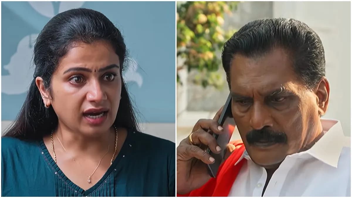 A dramatic confrontation scene from the Tamil television serial Ethirneechal between the characters Kathir and Janani.