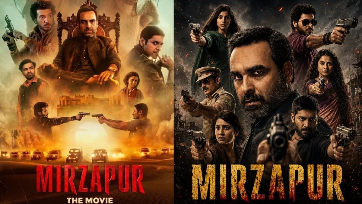 Poster and promotional still from Mirzapur: The Movie featuring the main cast in a rural Uttar Pradesh setting