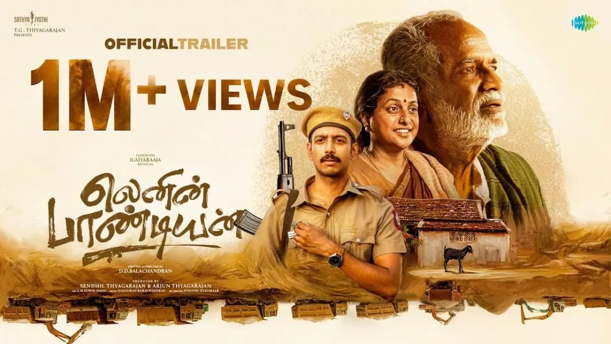 Poster of Lenin Pandian featuring Darshan Ganeshan and actress Roja against a rural backdrop