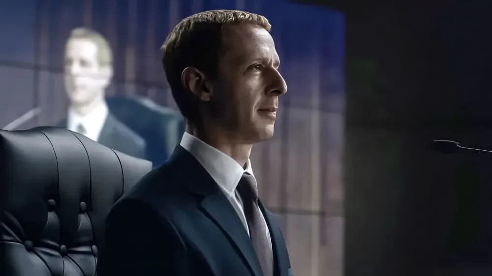 A split-screen image: one side shows Jeremy Strong as a cold, calculating Mark Zuckerberg; the other shows Jessica Chastain as a wide-eyed, haunted mother in a horror film. Both stare forward, unblinking.