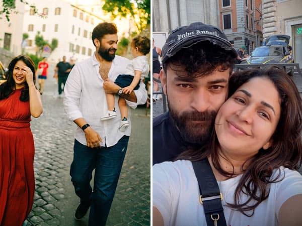 Varun Tej, Lavanya Tripathi and their son Vaayuv Tej posing by Lake Como during their Italy holiday