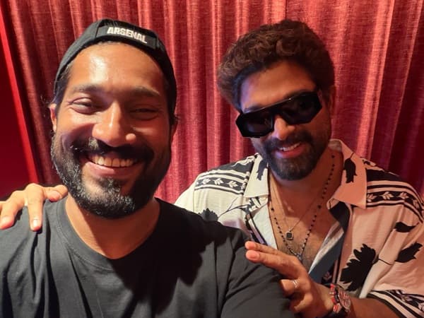 Allu Arjun posing with Lokah Chapter 1 director Dominic Arun for a photo shared on Instagram