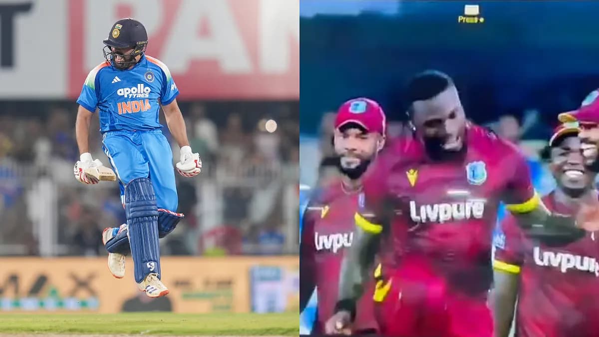 Jayden Seales celebrating with a limp jog while Rohit Sharma looks on after being given out in Guwahati