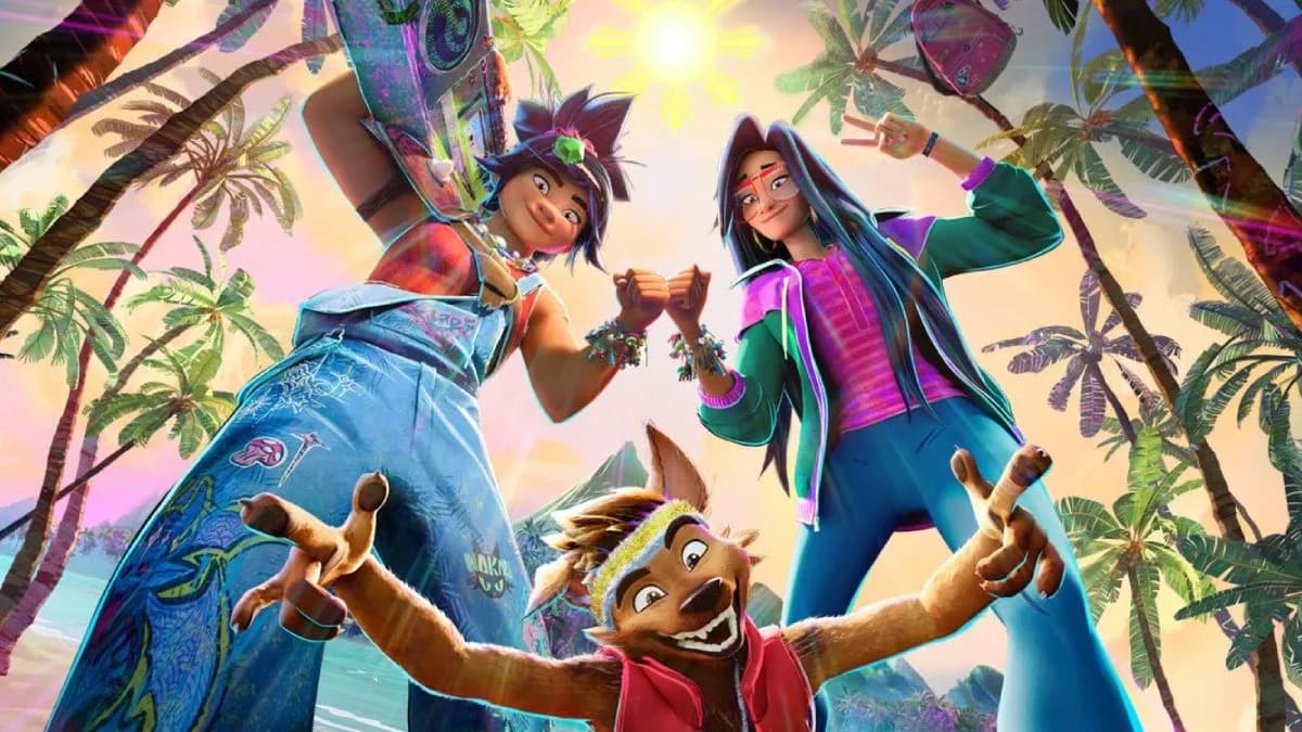 Poster of Forgotten Island showing animated friends Jo and Raissa beside a glowing portal, with Marvel’s Avengers logo in the background.