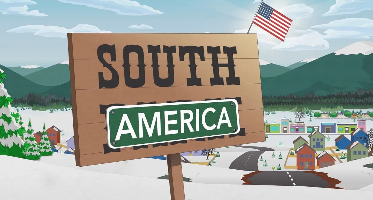 South Park logo altered to read South America, styled after the show's animated title card