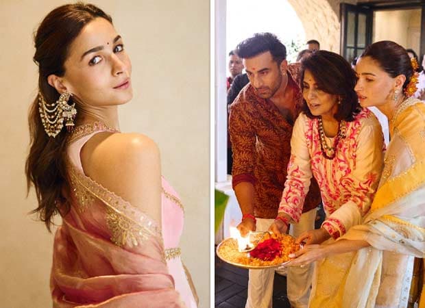 Alia Bhatt in a festive ethnic outfit performing Ganpati pooja with the Kapoor family during Ganesh Chaturthi celebrations.