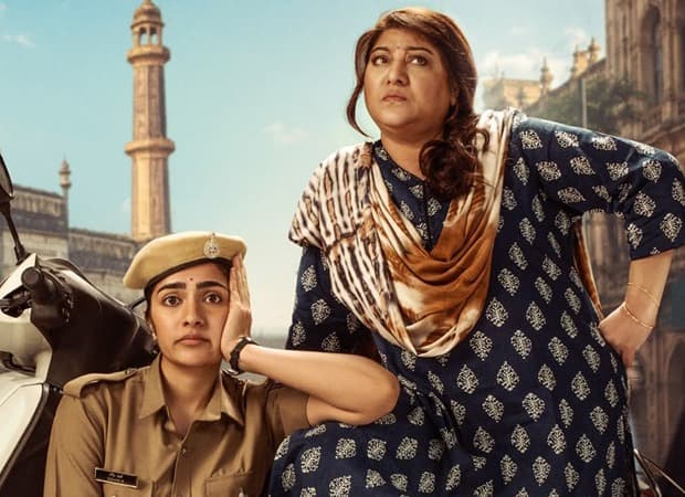First-look poster of Mangala Gowri showing Rukmini Vasanth in a police uniform seated on a scooter alongside veteran actress Malashree.