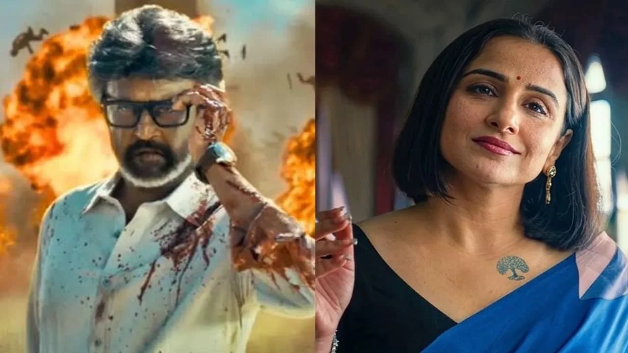 Vidya Balan in a vivid blue saree, descending a staircase, cigarette in hand, as Kantha in Jailer 2 teaser