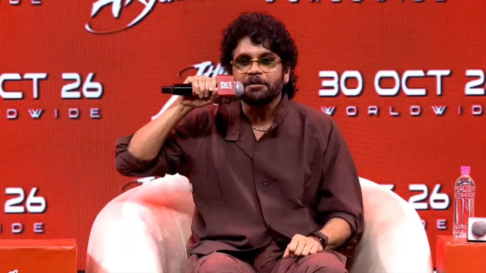 Nagarjuna at the Itlu Arjuna event, speaking to media about King 100