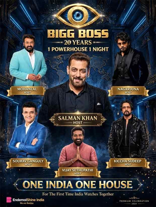 Promotional collage of Bigg Boss Season 20 hosts across six language editions including Salman Khan and Mohanlal