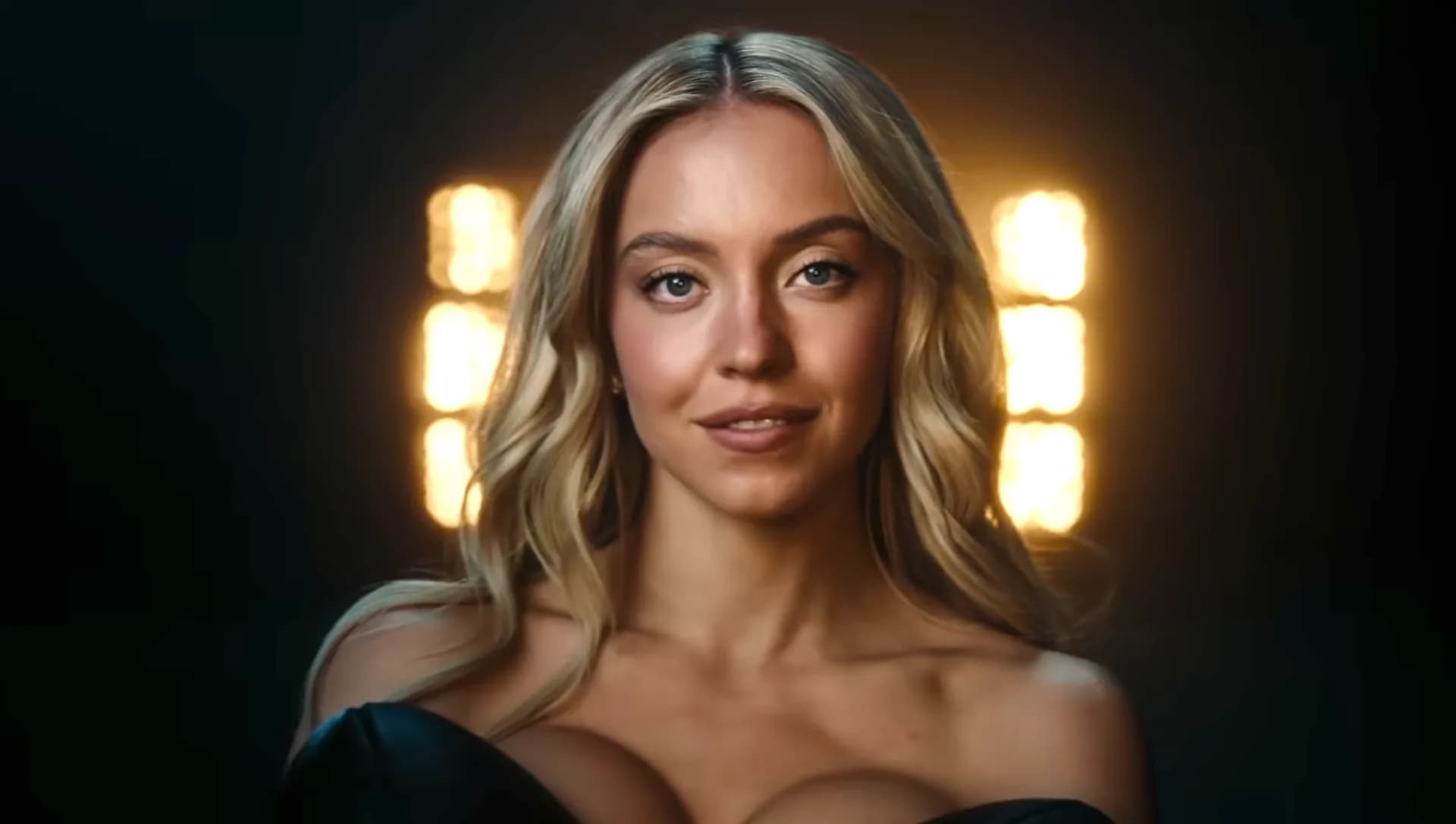 Sydney Sweeney in a promotional image for sports betting company Novig, covered by sports equipment including a football and tennis racket