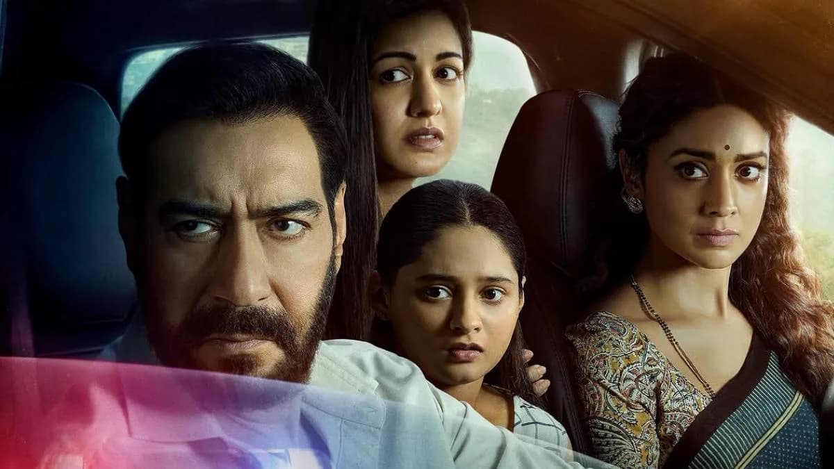 Poster of Drishyam 3 featuring Ajay Devgn against a dark city backdrop