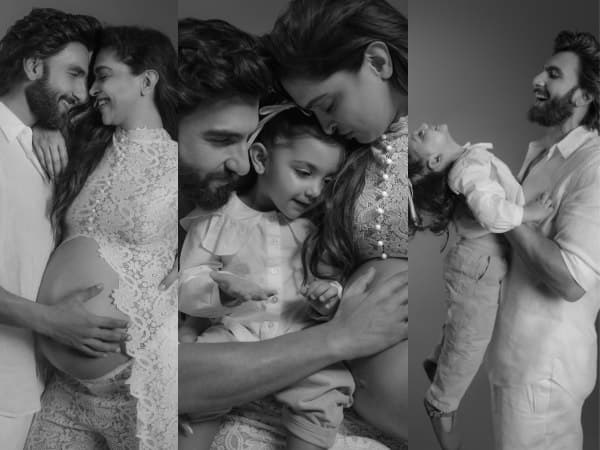 Black-and-white family photograph of Ranveer Singh and Deepika Padukone holding their daughter Dua, with Deepika's pregnant belly visible
