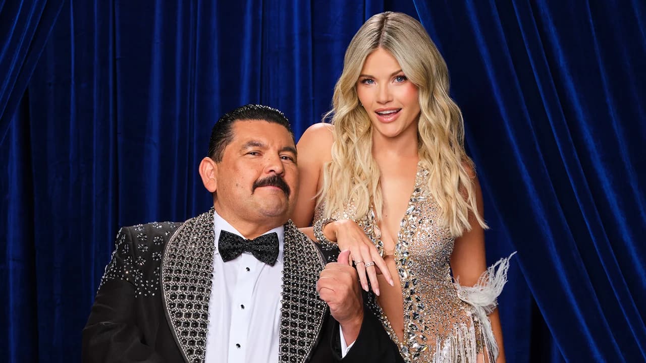 Witney Carson and Guillermo Rodriguez performing their cha-cha routine on the Dancing with the Stars premiere stage.