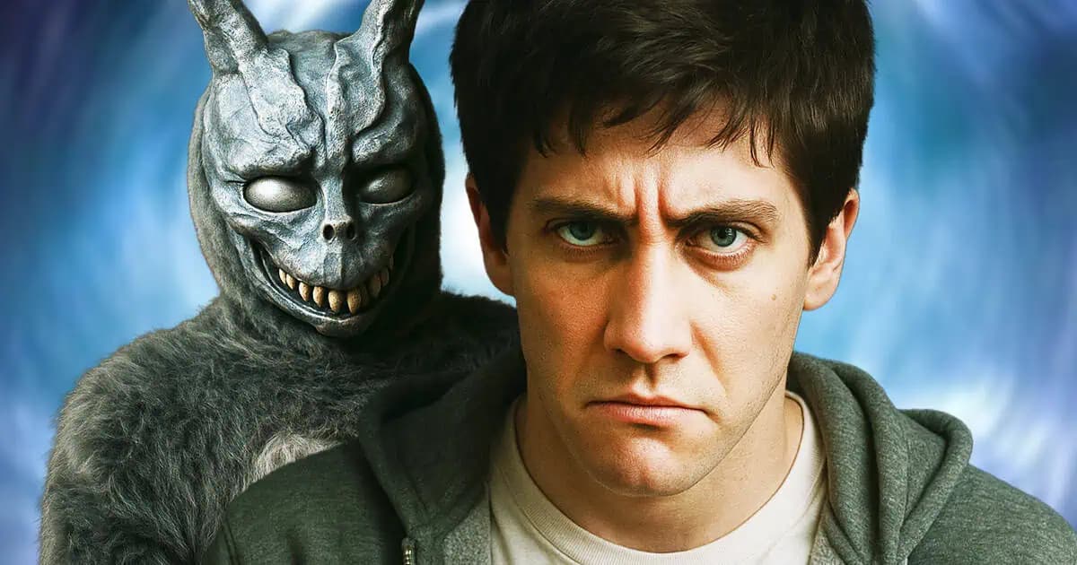 A man in a distorted rabbit costume mask, referencing a scene from Donnie Darko, against a dark suburban backdrop