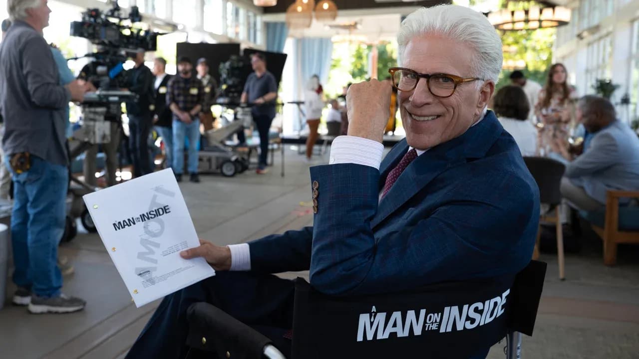 Ted Danson reviewing his script on the set of ‘A Man on the Inside’ season three in San Francisco