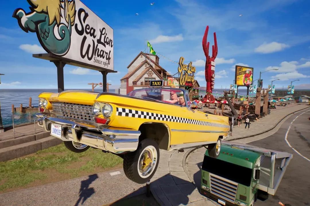 Promotional artwork style image evoking the Crazy Taxi arcade game with a yellow cab racing through a city street