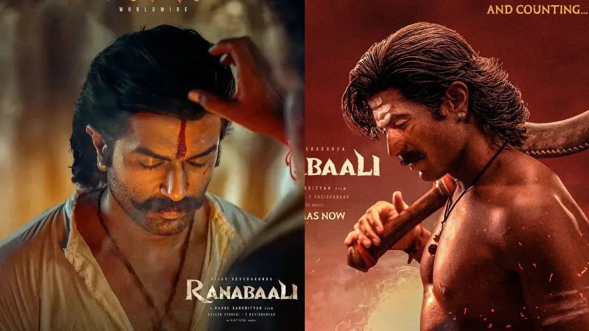 Vijay Deverakonda in a rugged, fire-lit pose on a horse, from the Ranabaali poster