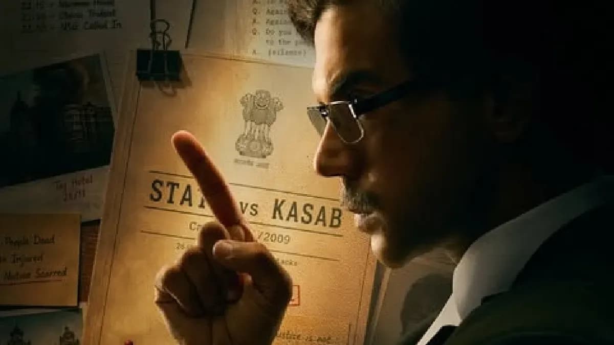 Rajkummar Rao in a courtroom scene, dressed in a suit, looking intense