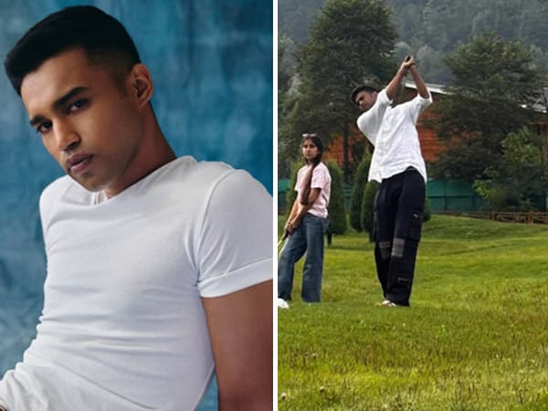Babil Khan practising a golf swing on a course during a break from filming in Pahalgam.