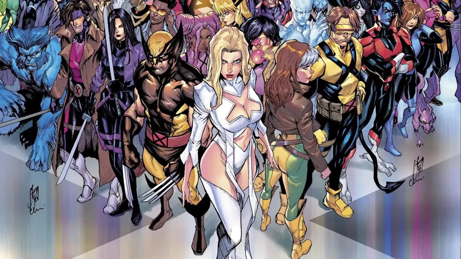 A collage of six X-Men characters fading into shadow, with only their names visible in faint text.