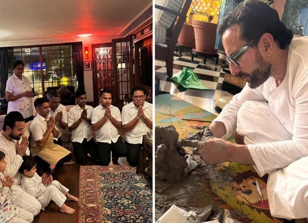 Saif Ali Khan seated on the floor with sons Taimur and Jeh during Ganesh Chaturthi prayers at home