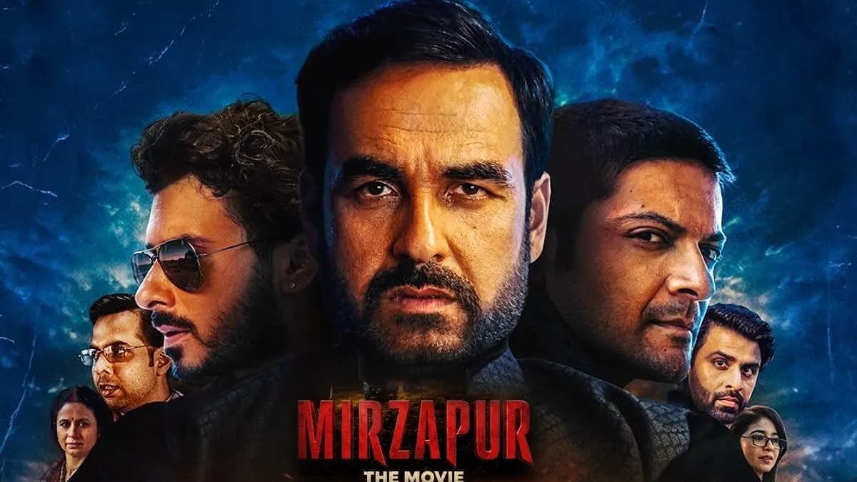 Promotional still from Mirzapur: The Movie featuring the ensemble cast including Pankaj Tripathi and Ali Fazal