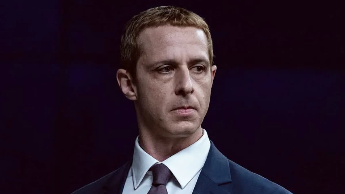 A still from the trailer of The Social Reckoning showing Mikey Madison and Jeremy Allen White in a tense, dimly lit scene.