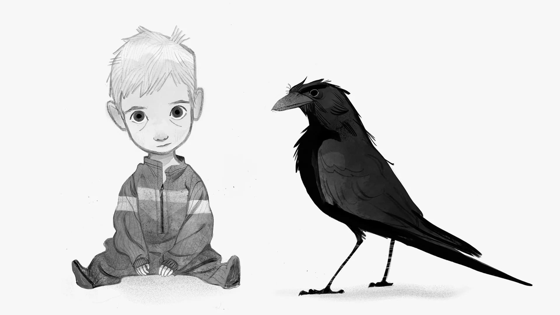 A still from Wildwood showing a young girl on a bicycle, chasing a flock of crows in a foggy forest. The crows are dark silhouettes against a hazy sky.