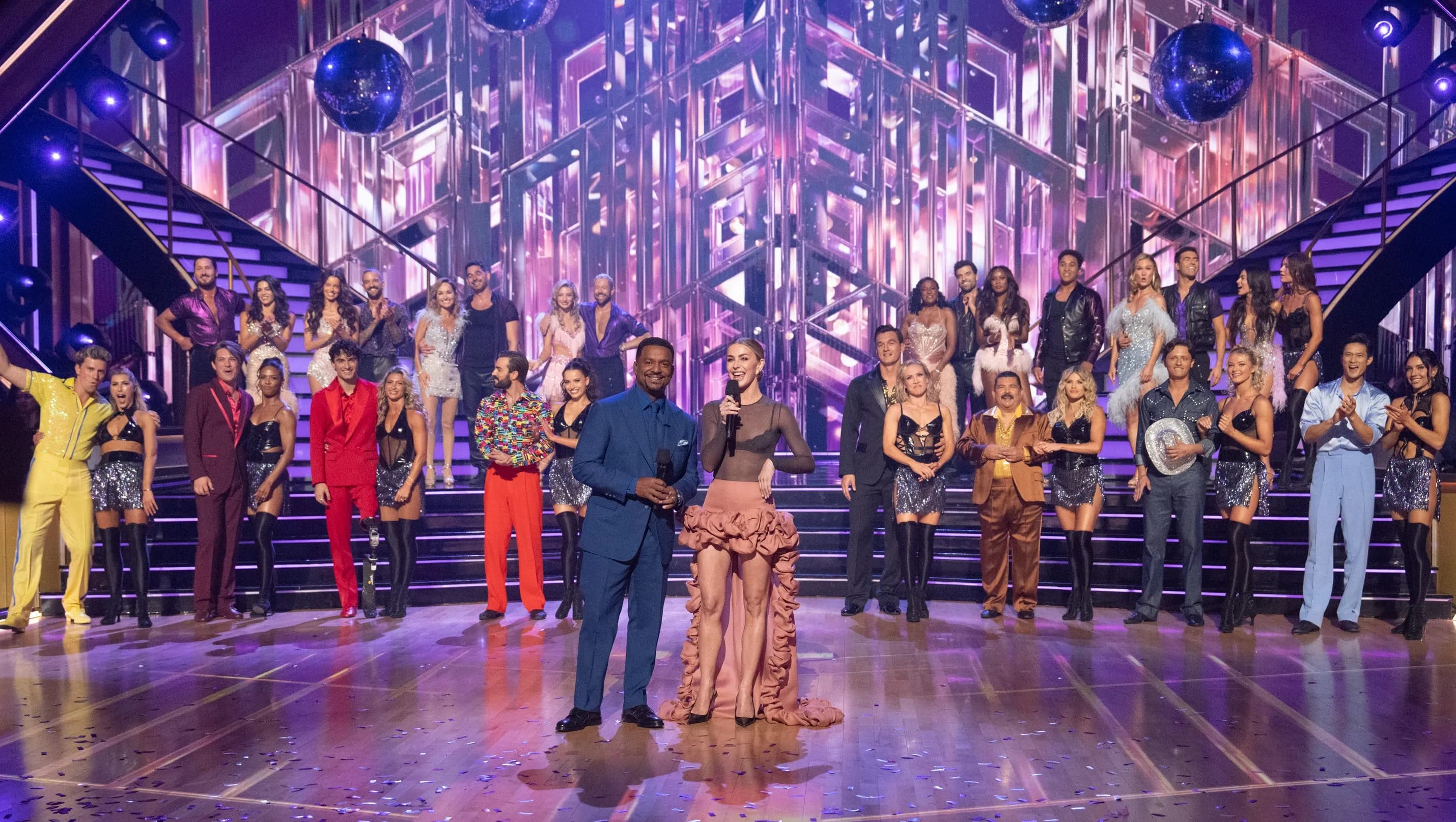 Dancing With the Stars ballroom set with hosts and judges during the Season 35 premiere broadcast on ABC.
