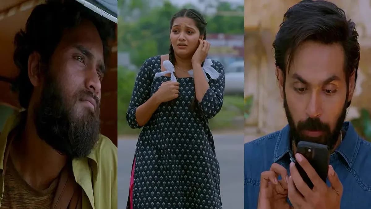 Promotional still from the Telugu TV serial Brahmamudi showing lead characters in a tense household scene
