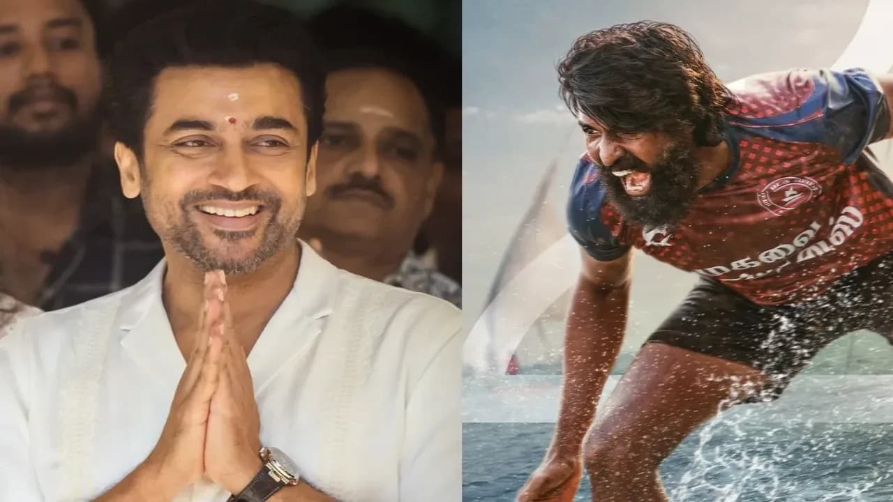 Suriya standing on a rocky coastal cliff, looking out at the sea, in a dramatic pose