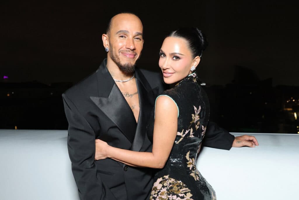 Kim Kardashian in a 2004 Saint Laurent dress and Lewis Hamilton in a Saint Laurent suit at the Lucas Museum opening in Los Angeles