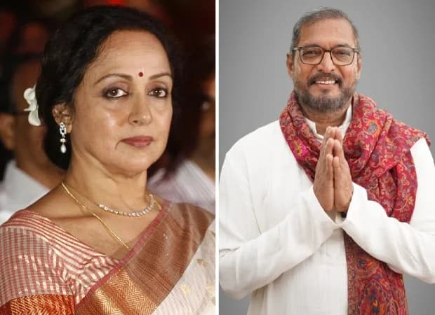 Hema Malini speaking into a phone, looking emotional, with a photo of Nana Patekar in the background.