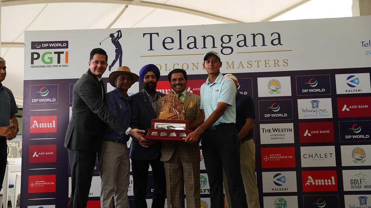Golfer Vishesh Sharma celebrating after winning the Telangana Golconda Masters at Hyderabad Golf Association